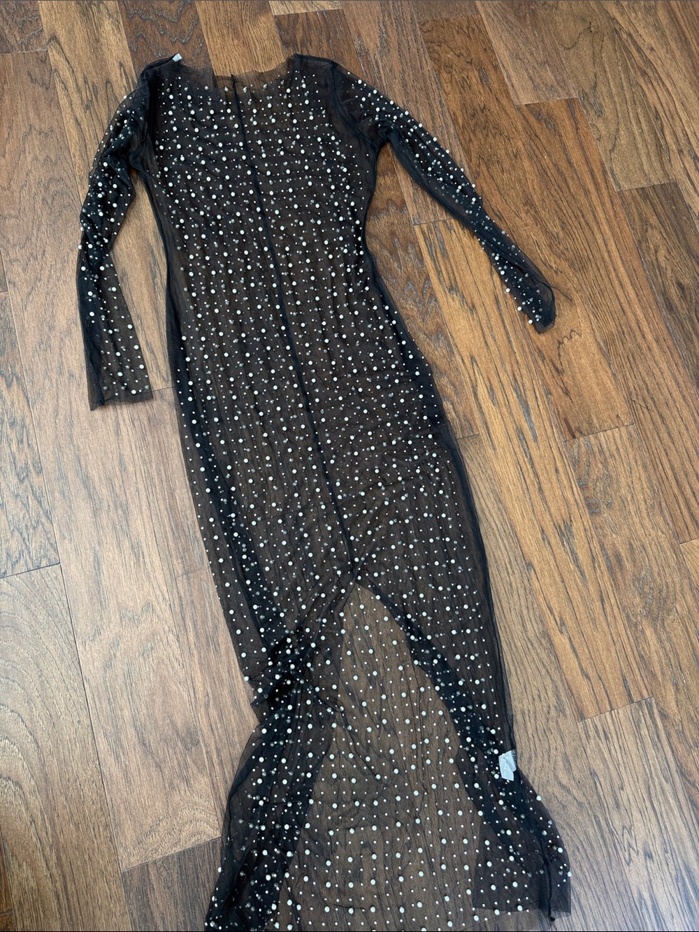 Black Sheer Long-Sleeve Beaded Maxi Dress